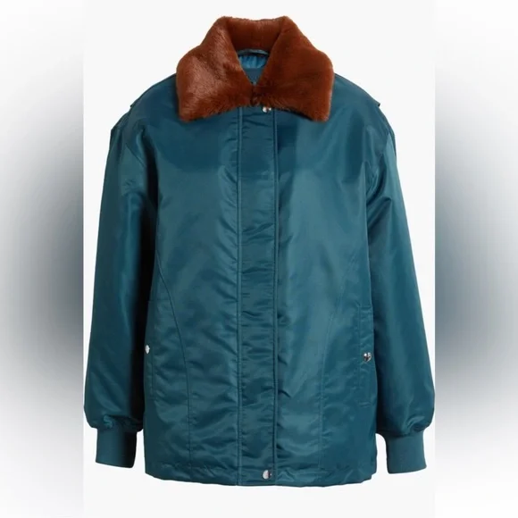 Anthropologie Blank‎ NYC Faux Fur Collar Bomber Jacket Teal Full Zip Small NWT - Picture 3 of 13